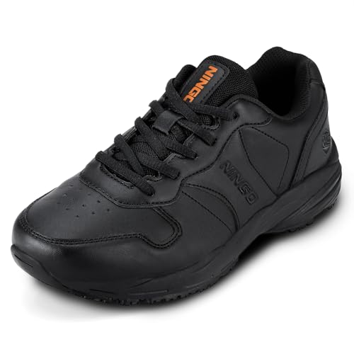 NINGO Non Slip Work Shoes for Women, Water & Oil Resistant Lightweight Food Service Shoes, Lace up Breathable Black Footwear, Comfortable Slip Resistant Walking Sneakers for Chef, Kitchen Restaurant