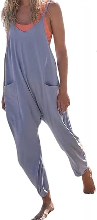 2023 New Wide Leg Jumpsuits with Pockets Womens V-Neck Sling Jumpsies Plus Size, Oversized Stretch Jumpsuit (Light Blue,4XL)