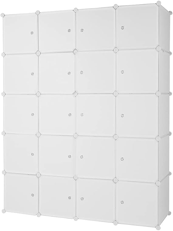 Cube Storage Organizer, 20-Cube Plastic Closet Cabinet, DIY Plastic Modular Book Shelf Unit, Multifunctional Cube Shelves with Doors and Hanging Rods (with 3 Hanging Rod,White)