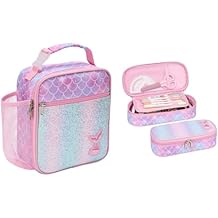 Bagseri Lunch Bag for Girls and Pencil Case for Girls Bundle, Insulated Kids Lunch Bag and Cute Pencil Case for Kids, Glitter Pink Mermaid