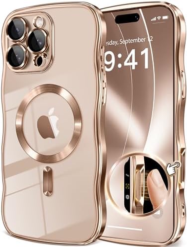 GVIEWIN for iPhone 16 Pro Case Compatible with MagSafe, Upgraded [Full Camera Protection][Cute Wave Frame][Military Grade Protection] Electroplated Soft Phone Cover for Women Girl, ClearRose Gold