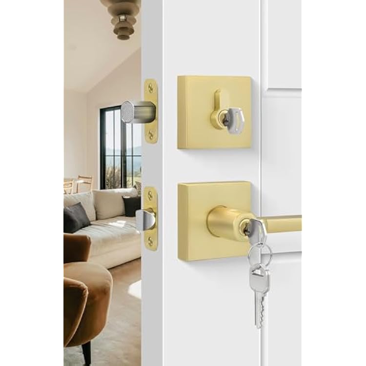 Goldenwarm Exterior Deadbolt and Keyed Entry Door Handle Set, Brushed Gold Key Entry Front Door Handle with Lock and Key, Heavy Duty Zinc Alloy 1 Pack
