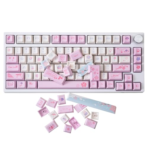 GK GAMAKAY 133 Keys Pink Keycaps Set, Cherry Profile PBT Thermal Sublimation Cherry Blossom Theme Keycap Set for 6164687580848798104108 Layout Mechanical Gaming Keyboard Pink