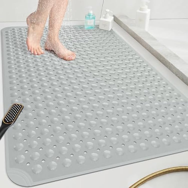 OTHWAY Extra Large Shower Mat 47x 32, TPE Non Slip Shower Mat for Shower Stall, Inside Walk in Shower Mats with Drain Holes Suction Cups, Anti-Slip for Elderly Kids Dark Grey