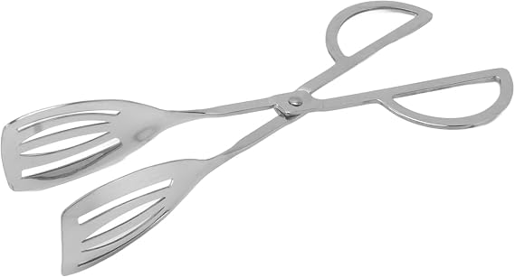 MallArt® Paslanmaz Çelik Makas Tipi Servis Maşası 25.5 cm - Ergonomik Saplı Salata, Mutfak, Izgara ve Biftek Maşası, Delikli Spatula Uçlu Yemek Sunum Maşası, Gümüş