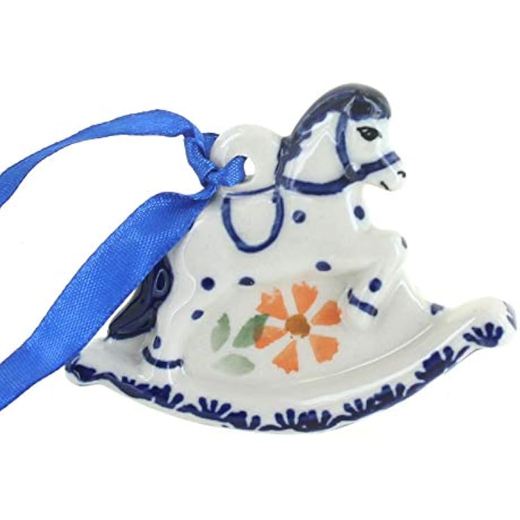Blue Rose Polish Pottery - Orange Garden Bouquet Rocking Horse Ornament - 2.5 Tall - Hand-Painted Collectible Decoration