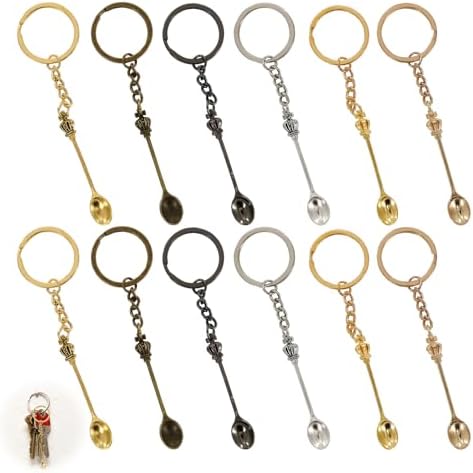 12 PCS Mini Spoon Keychain, Mini Spoon Teaspoon with King Queen Crown Pendant Key Ring, Retro and Portable Tiny Spoons Charm for Powder for Spices Salts Sand6 Color