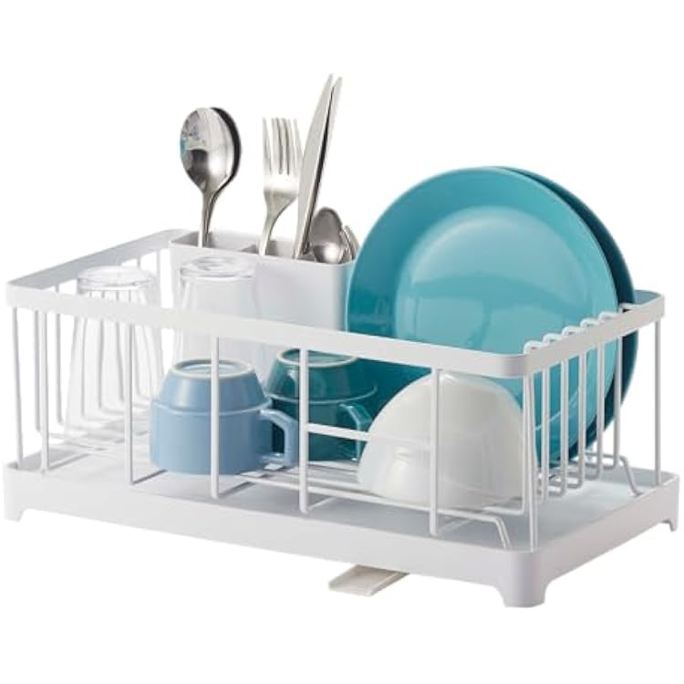 YAMAZAKI Home Tower Wire Dish Drainer Rack with Removable Drainer Tray with Drainage Spout, Utensils Holder - Steel -