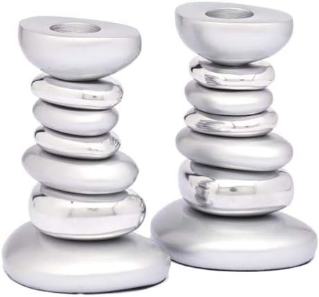 Yaie Emanuel Zen Stone Tower Candlestick Holders for Shabbat and Yom Tov | Anodized Aluminum Modern Design (Silver (CSG-1))