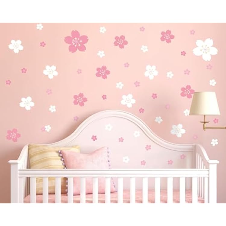 FLFK 55 Pcs Cherry Blossoms Wall Decals Peel and Stick Flower Wall Stickers for Nursery Living Room Bedroom Girls Room Home Decor