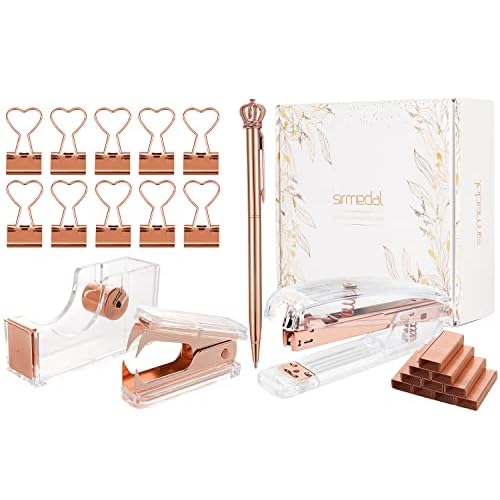 Rosegold Cute Desk Accessories Kit, Set of Stapler, Tape Dispenser, Staple Remover, Crown Top Ballpoint Pen, 10pcs Binder Clips and 1000pcs Staples