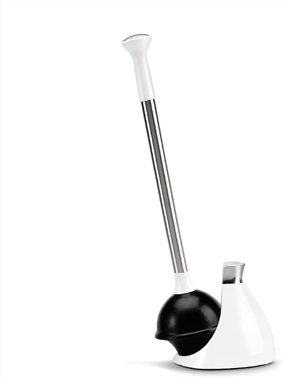 simplehuman Toilet Plunger with Holder Set, Magnetic Drip-Free Cover, Narrow Flange for Modern Low-Flow Toilets, Hidden Dome Storage, Stainless Steel, White