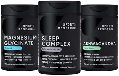 Sports Research 160 mg Chelated Magnesium Glycinate, Melatonin-Free Sleep Complex & Ashwagandha Softgels with Coconut MCT Oil for Relaxation, Calm & Sleep Support