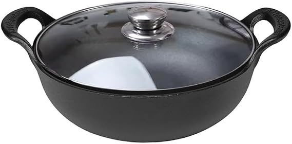 Pre-Seasoned Cast Iron Wok with Handles, Suitable for Induction Electric Gas All Stoves (Wok with Glass Lid 11 inch)