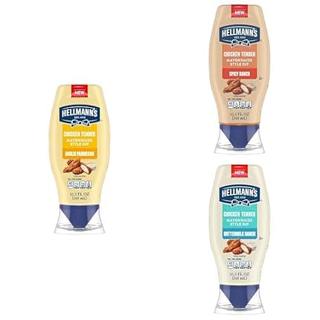 Bundle of Hellmanns Chicken Tender Mayonnaise Style Dip Variety Pack: Buttermilk Ranch, Garlic Parmesan, Spicy Ranch Delicious Flavor No Artificial Flavors 11.5 Fl Oz