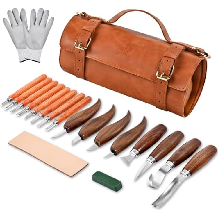 Deluxe Wood Carving Kit - 21Pcs Wood Carving Tools with Leather Storage Bag,Wood Carving Tools Set with 8Pcs Whittling Knives, 8Pcs Detail Carving Knives,Wood Whittling Kit for Beginners