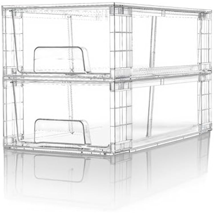 Small Stackable Clear Acrylic Storage Drawers2 Pack with Handles,Plastic Organizer Bins for Fridge Bathroom Kitchen Cabinet Pantry Coffee bar Undersink Office Closet Storage Bins