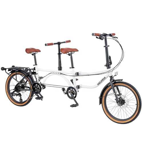ZUKKA 20 Inch Tandem Bike 4-Fold Tandem Bike 7 Speed Folding Bike Dual Disc Brakes Adult Beach Cruise Bike Adjustable Seat Double Seat for Adult Women Men Senior Couple