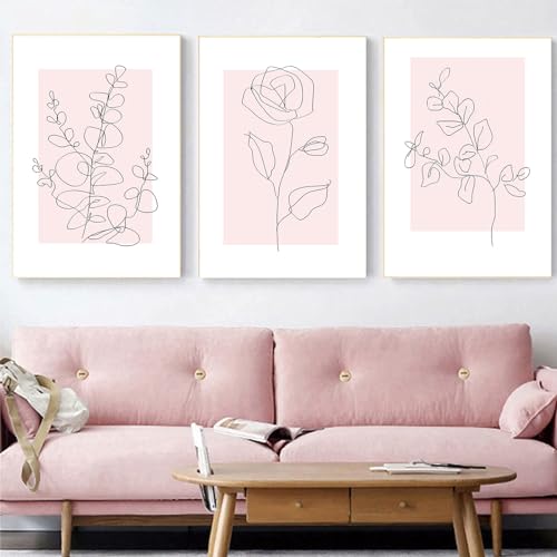 ANTIANLIDO Pink Blush Botanical Flower Line Canvas Wall Art Boho Botanical Painting Minimalist Floral Line Picture Wall Decor Boho Minimalist Flower Prints for Living Room 16x24inx3PCS No Frame