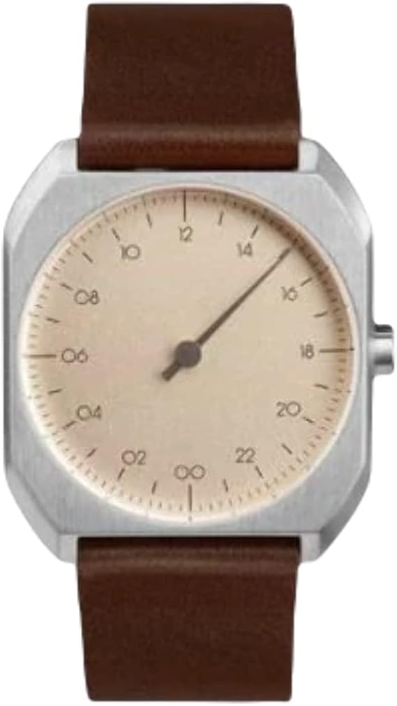 slow Mo 08 - Swiss Made one-hand 24 hour watch - Silver with dark brown leather band