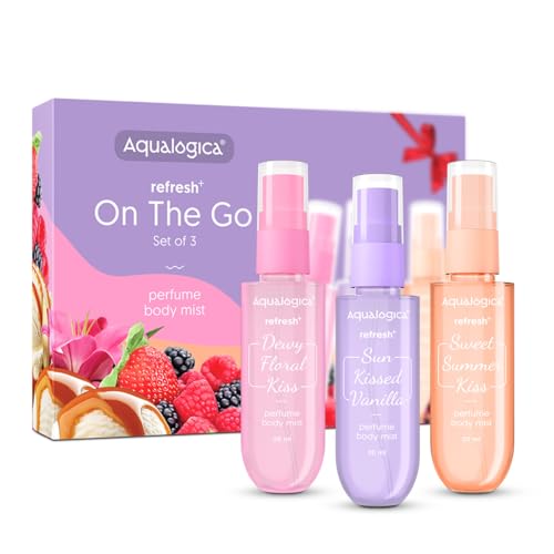 Aqualogica RefreshOn the Go Set of 3 Perfume Body MistTravel FriendlyLong LastingWarm,Sweet & Floral FragranceDouble Duty Mist for Hair & BodyPremium Gift PackFor Unisex-Adult20 ml x 3