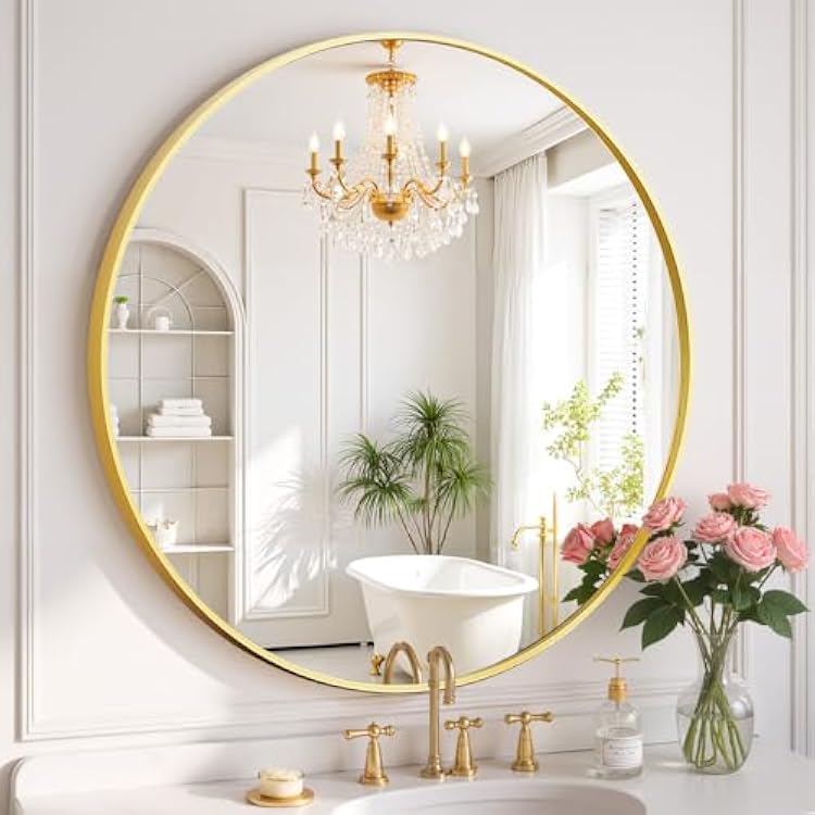 Round Wall Mirror 30 Inch Gold Vanity Mirror with Metal Frame, Modern Circle for Bathroom, Entryway, Bedroom, Living Room, Wall Mounted Decorative Mirrors