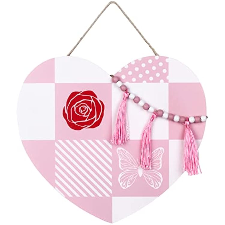 Valentines Day Decor, NEEDOMO Wood Valentine Heart Door Sign with Decorative Beads for Valentines Decor, Valentines Decoration for The Home, Front Door, Wall, Valentines Day Decorations Indoor Outdoor