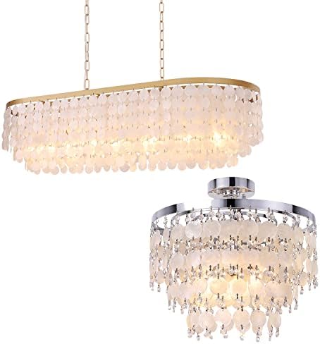 TOCHIC Modern Capiz Shell Chandelier, Coastal Beach Chandelier for Bedroom, Small Semi Flush Mount Ceiling Light Fixture for Living Dining Room, Kids Room