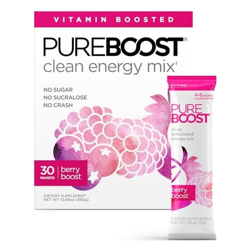Pureboost Sugar-Free Clean Energy Booster, Berry Boost 30 Count, Refreshing Energy Drink Mix with B12 Vitamins, Electrolytes, Antioxidants, No Sucralose