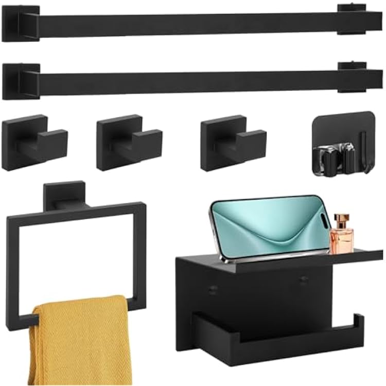 Matte Black Bathroom Hardware Set, 23.6 Inch Black Towel Bar Set, Bathroom Accessories Set SUS304 Stainless Steel Towel Racks for Bathroom Wall Mounted