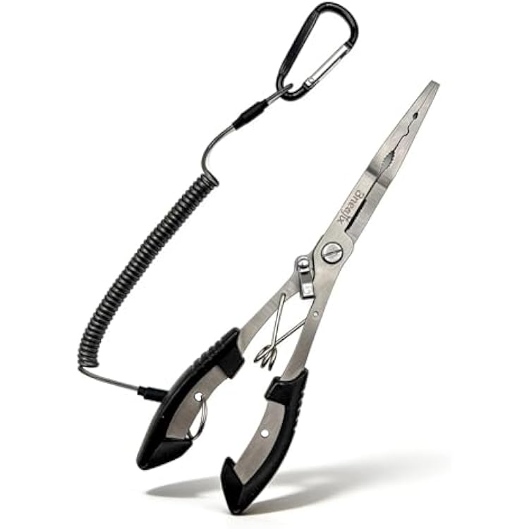 Professional 8.4 Inch Fishing Pliers with Safety Lock, Multi-Function Long Nose Hook Remover, Line Cutter, Crimper, Rustproof Stainless Steel Fishing Tool for Saltwater & Freshwater