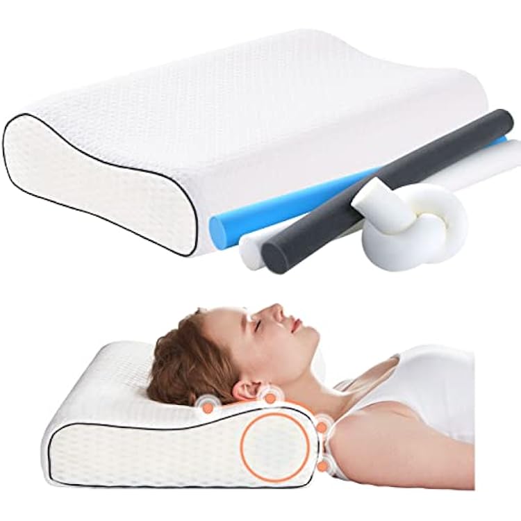 Tbfit Orthopedic Contour Memory Foam Neck Pillow for Pain Relief Sleeping, Bed Pillow for Sleeping, Ergonomic Cervical Pillow for Neck Pain, Adjustable Pillows for Side, Back, Stomach Sleeper