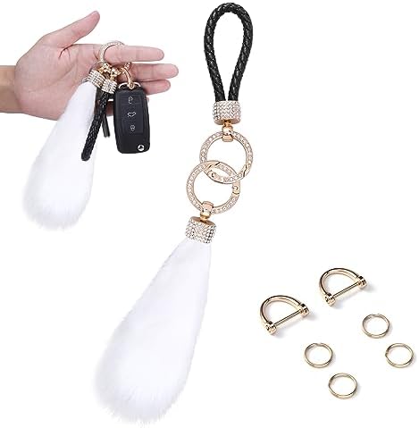 AMIR Microfiber Leather Wristlet Keychain, Fluffy Keychain, Key Chain Holder Car Keys Keychain with 4 Key Ring and 2 Anti-Lost D Ring