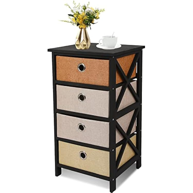 ECOMEX Nightstand with 4 Drawers, Night Stands for Bedroom, Small Storage Bedside Table Fabric Bins, Wood Frame, Easy Assembly, Black  Orange, Drawer, 4 Drawer Nightstand