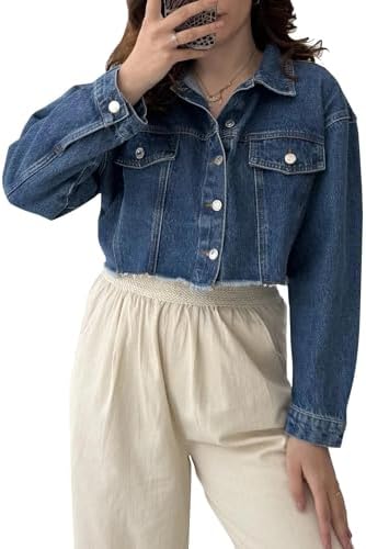 FairBeauty Womens Washed Distressed Denim Jacket Long Sleeve Ripped Button Up Cropped Jean Jacket