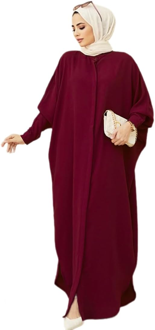 IBTOM CASTLE Womens Muslim Dress Ramadan Abaya Batwing Sleeve Henley Shirt Prayer Dress Kaftan Dubai Islamic Loose Maxi Dress