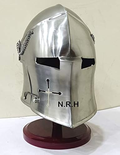 Nautical Replica Hub Barbuta Steel Helmet | Medieval Collectible Knight LARP Helmet & Armour | Halloween Party Costume With Wooden Stand