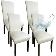 White Leather Chair Covers for Dining Chairs Set of 6, Faux Leather Dining Chair Covers Removable Wipeable Parson Chair Covers Leather, Stretch Waterproof Chair Seat Covers for Dining Chairs