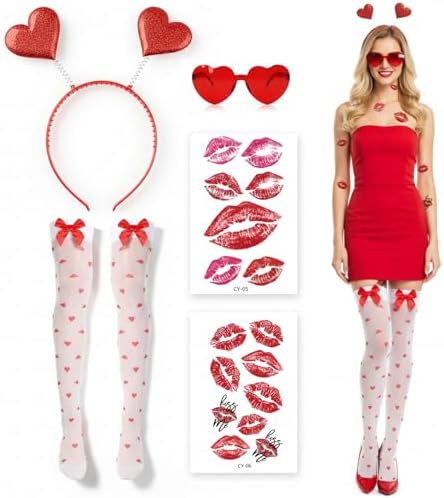 Heart Headband, Valentines Accessories Set with Heart Shaped Sunglasses, Valentines Day Heart Headband, Stockings and Tattoos for Women, Dress Up Festival Wedding Birthday Party