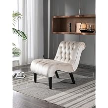 Modern Velvet Armless Accent Living Room Chair,Upholstered Fabric Button Comfortable Leisure Chair with Wooden Legs for Bedroom,Office (Beige Velvet)