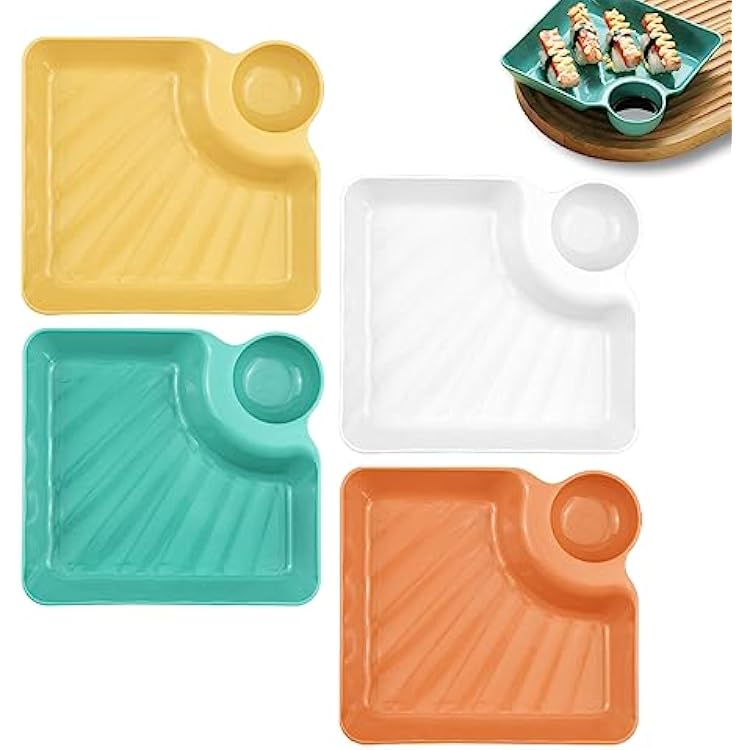 4Pcs Plastic Plates with Sauce Compartment Square Serving Plates Dumpling Plate Seasoning Dish Snack Dish Sauce Plate for Home and Kitchen 4 Colors