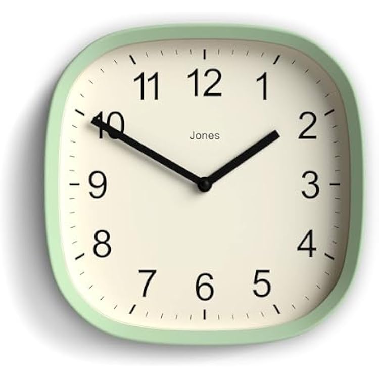 JONES CLOCKS Sprite Wall Clock | Modern Retro Rounded Square Clock | 10 inch | Neo Mint Green | Easy to Read Numbers | Perfect for Kitchen or Office