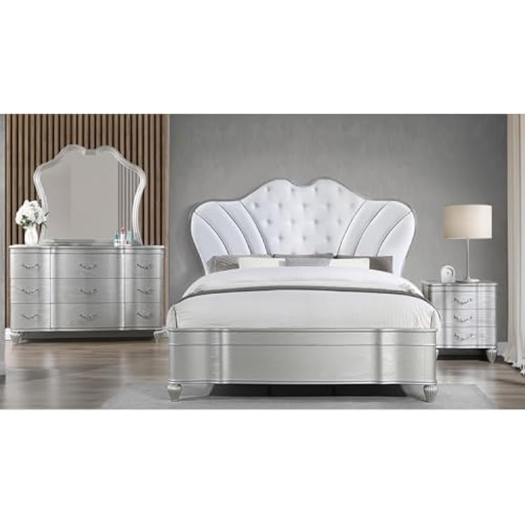 Landmark Traditional Style 4 Pcs Queen Size Bedroom Set with Upholstered Button-Tufted Bed Made with Wood for Home Silver