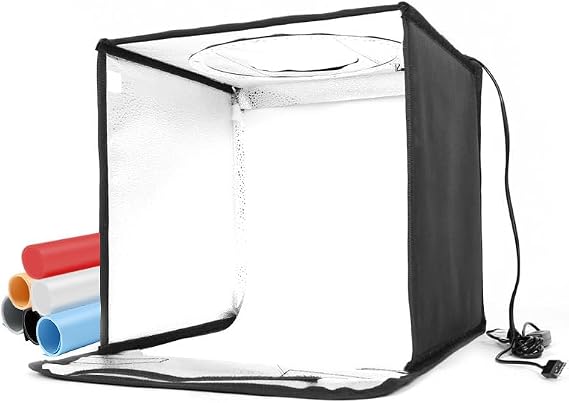 REFLEX CAMERA 303030cm (12x12x12in) Folding Portable Photo Lightbox Studio | 120 Dimmable LED Beads 3200-5500K | 6 PVC Backdrops | USB Powered Softbox for Product Photography Shooting Tent