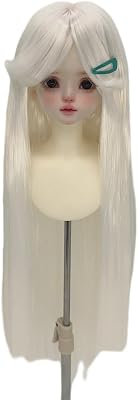 SISON BENNE Doll Wig, Straight Long Hair with Bangs for 13 14 16 BJD Dolls DIY Accessory 13S Head C. 20-22cm,White
