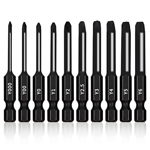 TriWing Bit Set 10 Pack - 2.3 Long Magnetic Heads in The Following Tri Wing Bits Screwdriver Sizes: Y000, Y00, Y0, Y1, Y2, Y2.5, Y3, Y4, Y5, and Y6