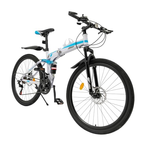 Foldable Mountain Bike, 26 inch Outdoor Cycling Bike, 21 Speeds Mountain Bicycles with Full Suspension, High Carbon Steel Frame, Dual Disc Brake, Foldable Bike for Men Women Adult