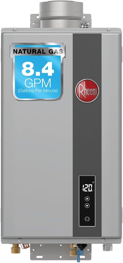 Rheem RTG Series 8.4 GPM Natural Gas Tankless Water Heater Indoor | 180,000 BTUs High Efficiency On Demand, Continuous Hot Water | Non-Condensing