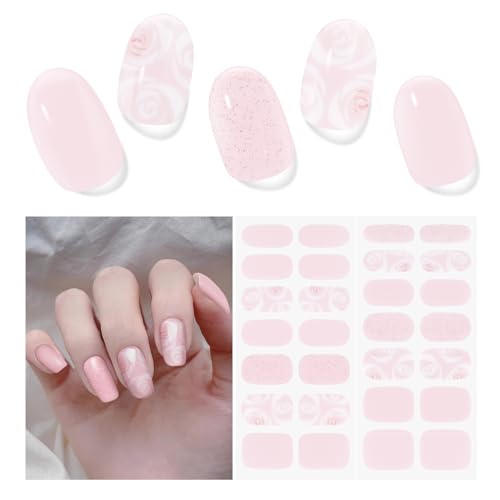 Semi Cured Gel Nail Strips | 28 pcs Gel Nails Strips for Women Work with Any UV Lamp, UV Nail Stickers for Women Home DIY Nails ArtPink Rose