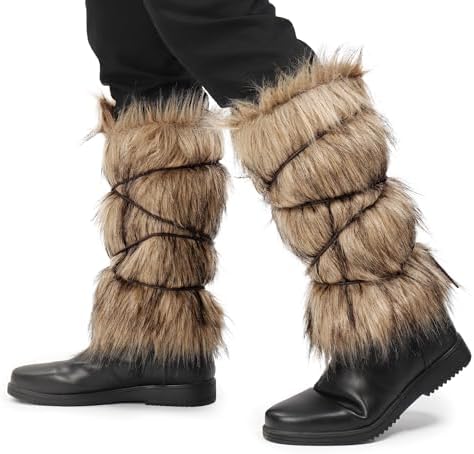 KUOIN Medieval Faux Fur Leg Warmer, Eskimo Leg Wraps Boots Covers with Strap Brown